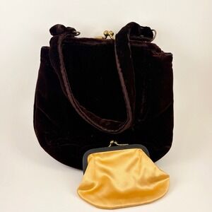 Vintage 50s 60s Brown Velvet Clasp Top Handle Handbag Gold Lining & Change Purse